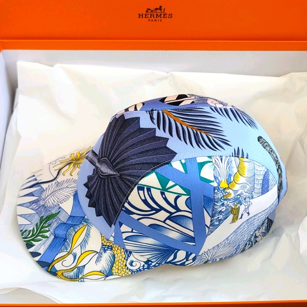Hermes Cap Hat Blue 100% Silk 58 Medium Adjustable